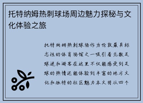 托特纳姆热刺球场周边魅力探秘与文化体验之旅