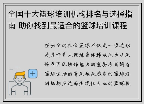 全国十大篮球培训机构排名与选择指南 助你找到最适合的篮球培训课程