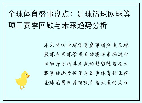 全球体育盛事盘点：足球篮球网球等项目赛季回顾与未来趋势分析